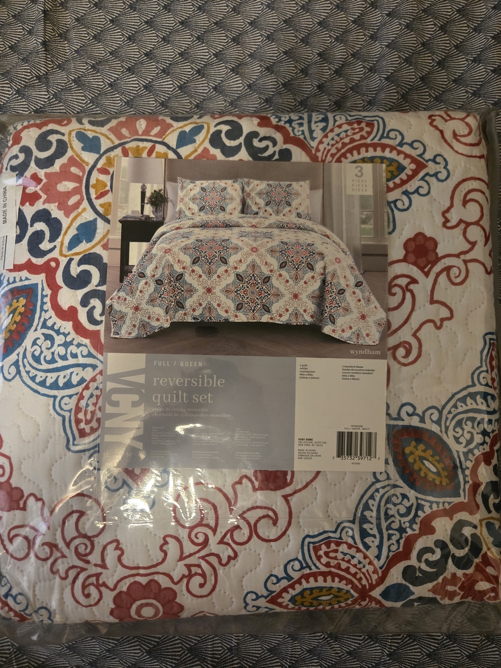 Reversible Quilt Set in Coral, Blue & Yellow